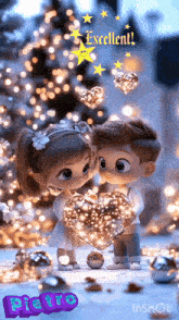 a boy and a girl are holding a heart in front of a christmas tree ..