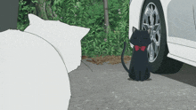 a black cat with a red bow tie sits on the ground next to a white cat