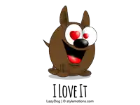 a cartoon dog with hearts in its eyes and the words i love it below it
