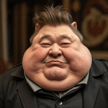 a man with a very large face is smiling and wearing a black jacket