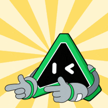 a cartoon character with a green triangle pointing to the right
