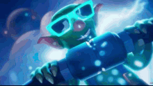 a cartoon character wearing sunglasses and holding a bottle