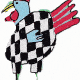 a colorful drawing of a chicken with a checkered outfit