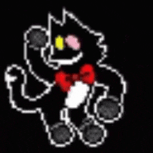 a black and white pixel art of a cat with a bow tie .