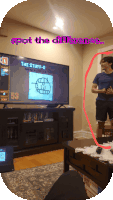 a man standing in front of a television with the words spot the difference on the bottom