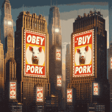 a city with a lot of buildings and signs that say buy pork