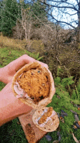a person is holding a tortilla with a piece of food in it