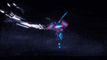 a futuristic robot is flying through the air with a purple and blue light coming out of it 's wings .