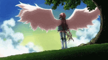 a girl with pink wings is standing on a grassy hill