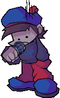 a cartoon character with a blue hat is holding a microphone and pointing