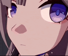 a close up of a anime girl 's face with purple eyes and a nose .