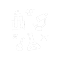 a line drawing of a microscope , beaker , test tubes , and molecules .