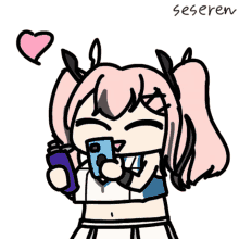 a drawing of a girl holding a cell phone and a heart with the name seseren on the bottom