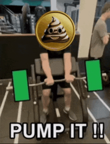 a man is lifting a barbell in a gym with a coin on his head that says poop
