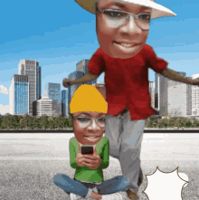 a man in a red shirt stands next to a boy in a green shirt