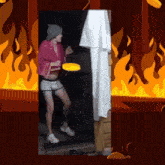 a cartoon of a woman standing in front of a fire