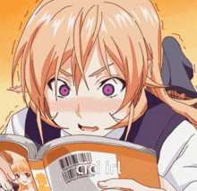 a girl with purple eyes is reading a book with the word girl on it