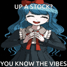 a pixel art of a girl with blue hair and the words up a stock