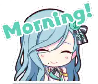 a cartoon of a girl with blue hair and the words morning behind her