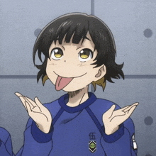 a girl wearing a blue shirt with chinese writing on it making a funny face