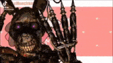 a close up of a skeleton with purple eyes holding a microphone and a sword .