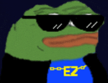 a green frog wearing sunglasses and a blue shirt with the letter ez on it