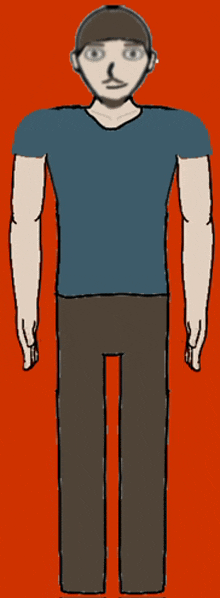 a cartoon drawing of a man wearing a blue shirt