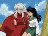 a man in a red robe holds a sword next to a girl in a green school uniform
