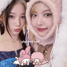 two girls are posing for a picture with the words yiyi and zazi on the bottom right