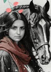 a woman in a scarf stands next to a horse