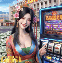 a woman is standing in front of a slot machine with the words museum bola on the bottom right