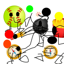 a drawing of a softball a bomb a compass and a french fry