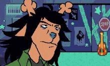 a pixel art drawing of a person with antlers and a stop sign in the background