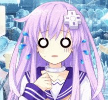 a girl with purple hair has a cross on her hair