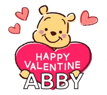 a sticker of winnie the pooh holding a heart that says `` happy valentine abby '' .
