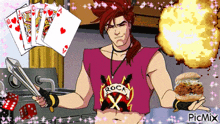 a man wearing a pink shirt that says rock holding a sword