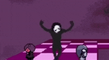 a pixel art of a man standing on a checkered floor surrounded by two cartoon characters .