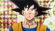 a close up of a cartoon character with a blue shirt and orange vest