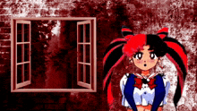 a cartoon girl with red and black hair stands in front of an open window