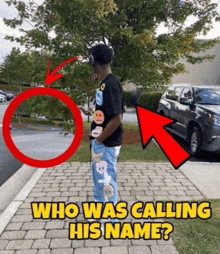 a man wearing headphones is standing on a sidewalk with the words who was calling his name on the bottom