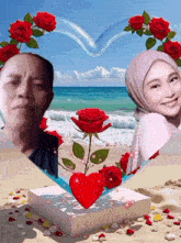 a man and a woman are surrounded by red roses in a heart shape