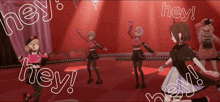 a group of anime girls are dancing on a stage and the words hey are surrounding them