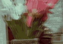 a blurry picture of a pink flower in a vase