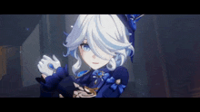 a girl with white hair and blue eyes is wearing a blue and white dress