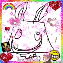 a drawing of a rabbit with hearts and a rainbow and the words im not ok