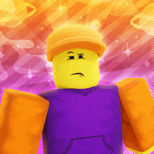 a cartoon character with a purple hoodie and a yellow hat