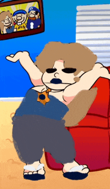 a cartoon character is sitting in front of a picture of a family
