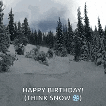 a snowy forest with trees covered in snow and the words `` happy birthday ! think snow '' .