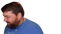 a man with a beard is wearing a blue shirt with a necklace around his neck