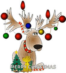 a cartoon reindeer with christmas decorations on its antlers and the words merry christmas written below it